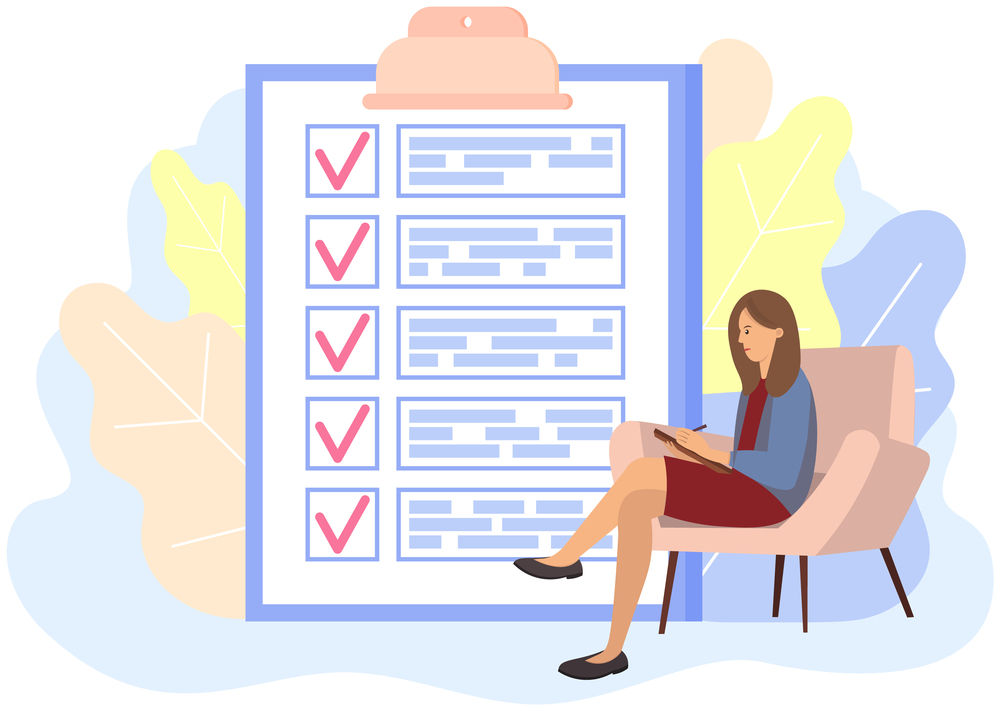 Cartoon drawing of woman sitting in chair with a giant-sized checklist on a clipboard. 