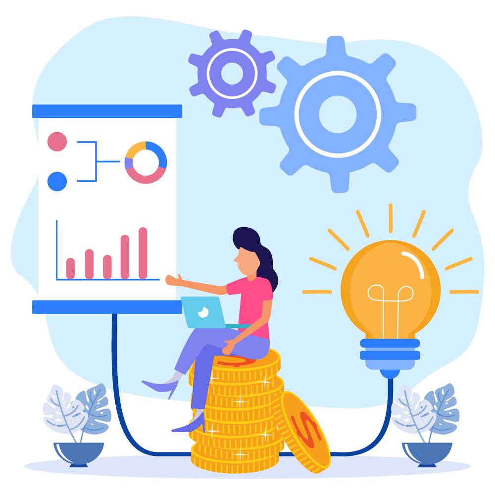 Cartoon drawing of a woman sitting on a stack of giant gold coins, pointing at a graph on a screen with a giant light bulb behind her and giant gears over her head.
