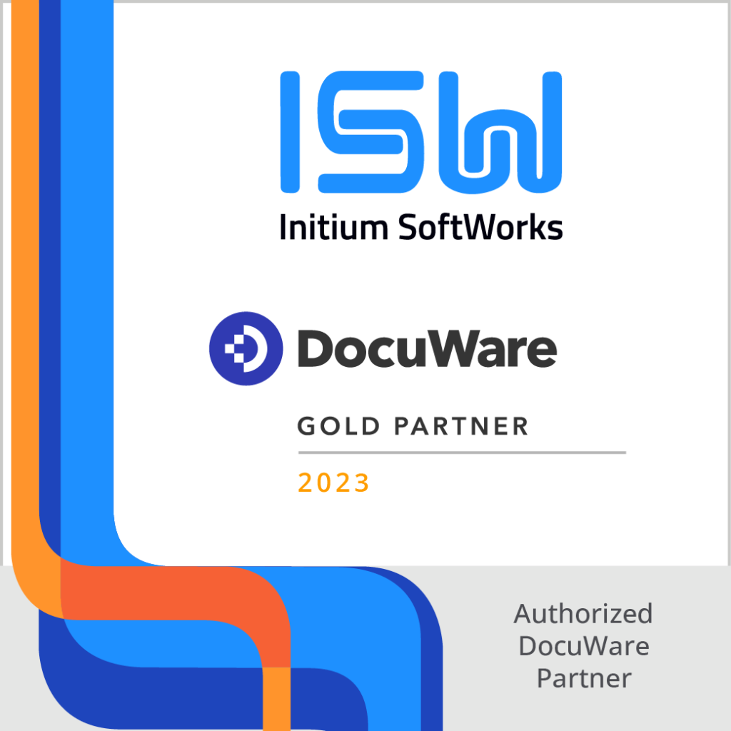 Image on the left: 3 thick lines with rounded corners going up the left side off the page. Initium SoftWorks icon logo above DocuWare Gold Partner 2023 logo on white background. Text in lower right: Authorized DocuWare Partner.