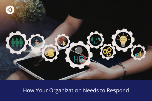Hands holding a tablet with interconnected HR and business icons above the screen, with overlay text reading “How Your Organization Needs to Respond.”