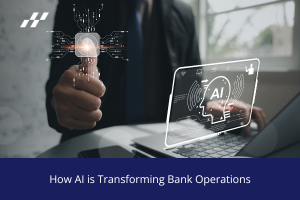 Hand touching a glowing digital interface with circuit-like lines, next to a laptop displaying an AI-themed graphic, with the text 'How AI is Transforming Bank Operations' below.