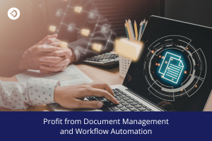Hands typing on a laptop with digital document icons, workflow symbols, and a stylized document management graphic appearing above the keyboard, representing automated document processing and workflow efficiency.