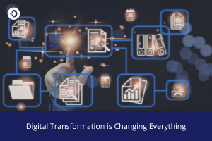 Hand interacting with a digital network of connected document, folder, and analytics icons; text reads, ‘Digital Transformation is Changing Everything.’