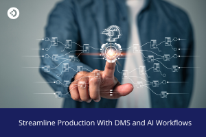 Hand interacting with a digital interface showing AI and workflow icons, representing streamlined production with DMS and AI workflows.