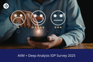 Hand interacting with a smartphone displaying three digital rating icons—a sad face, a neutral face, and a smiling face—each with star ratings, with the text 'AIIM + Deep Analysis IDP Survey 2025' below.
