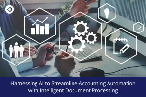 Person working at a desk with floating digital icons representing charts, gears, people, and documents, with the text 'Harnessing AI to Streamline Accounting Automation with Intelligent Document Processing' below.