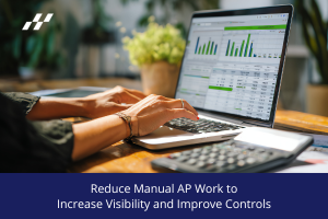 Hands typing on a laptop displaying charts and spreadsheets related to accounts payable, with a calculator and documents on a desk, representing reduced manual AP work and improved visibility.