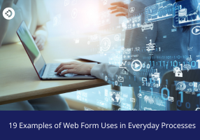 Hands using a laptop with digital interface icons overlaid, illustrating examples of web form uses in everyday processes.