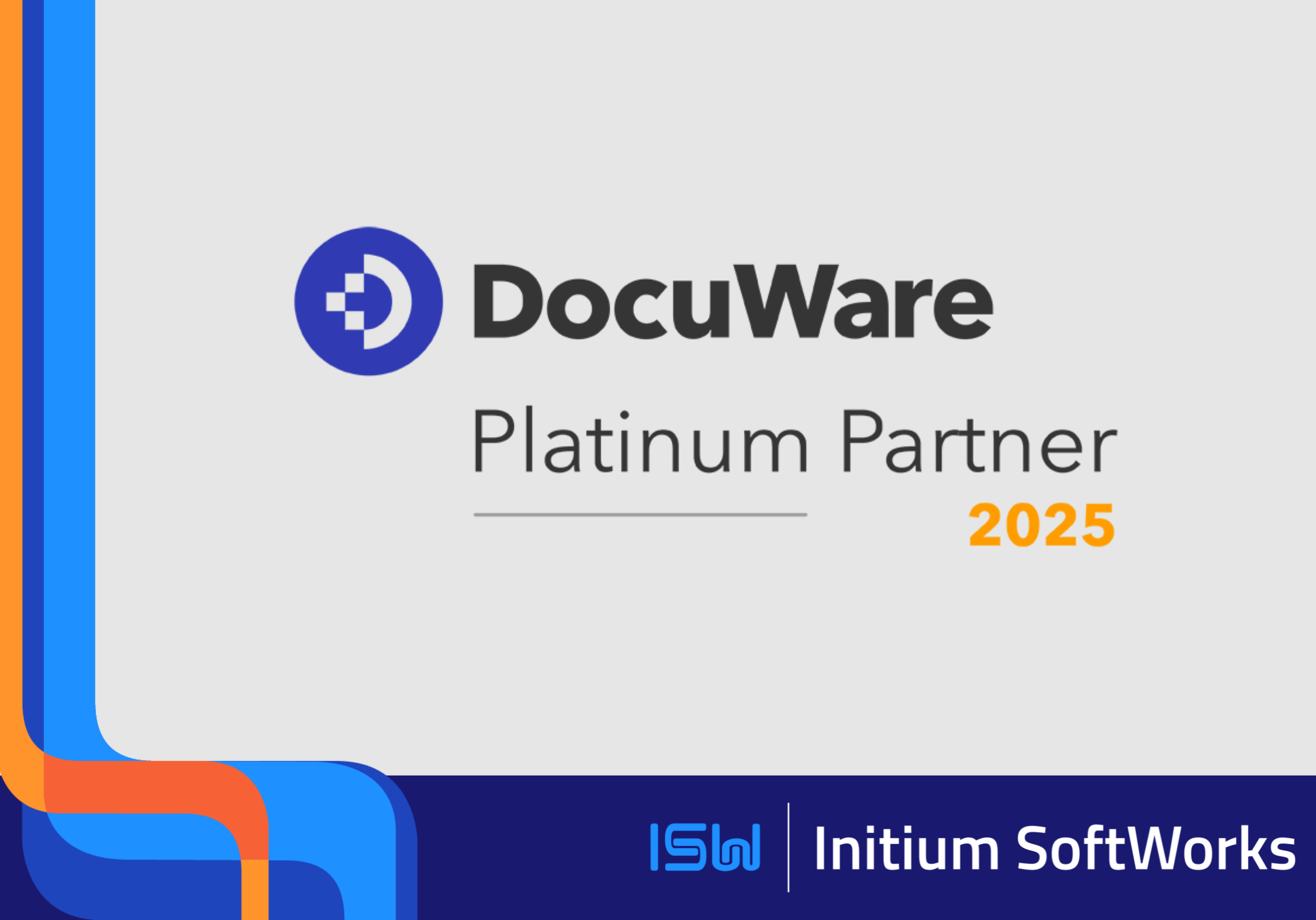 DocuWare Platinum Partner 2025 logo on a grey background with the Initium SoftWorks logo underneath on a navy blue background with an orange and bright blue ribbon on the left side.
