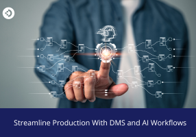 Hand interacting with a digital interface showing AI and workflow icons, representing streamlined production with DMS and AI workflows.
