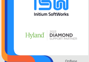 Graphic featuring the Initium SoftWorks logo with Hyland 2023 Diamond Support Partner recognition and OnBase Authorized Solution Partner designation, in a blue and orange design.